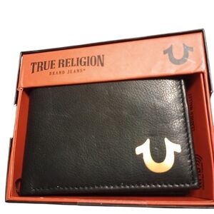 True Religion Black Leather Wallet with Gold Accent, Gift Boxed, NWT.